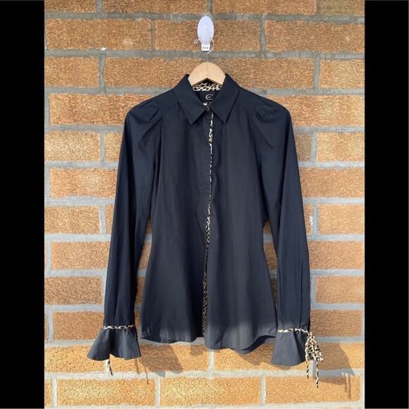 Just Cavalli Black Cotton Shirt With Leopard Pattern Trimming Size 44/8 - Picture 3 of 16